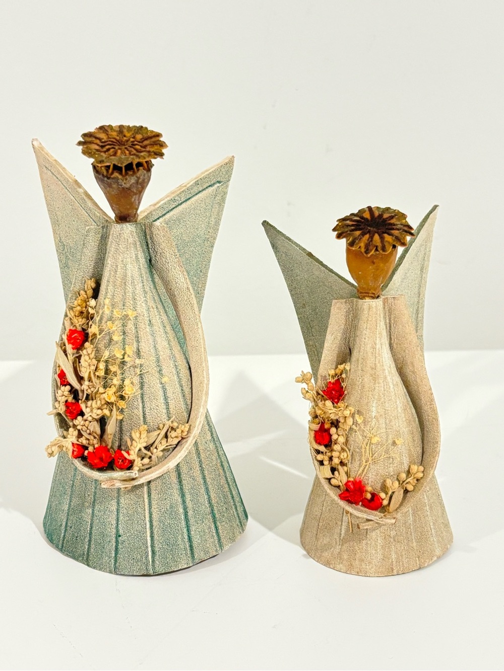Folk Art primitive Angel Figurines SET OF TWO Dried Flower Accents & poppy pod